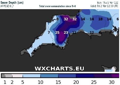 Snow depths by 6am Fri 2nd March from the Arpege @meteofrance @wxcharts Big variation across #Wales. Most of the snow in the east and southeast, especially high ground. Much less in parts of the west &amp; #Swansea because of the wind direction. E-NE with shelter from the hills/mountains.