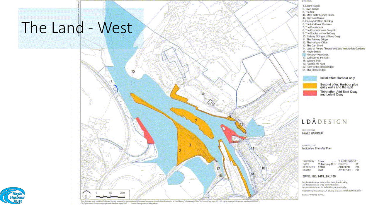 HHT - The Land - West - Initial Offer - Harbour only (blue) plus Second offer: Harbour plus quay walls and the Spit plus Third offer: Add East Quay and Lelant Quay