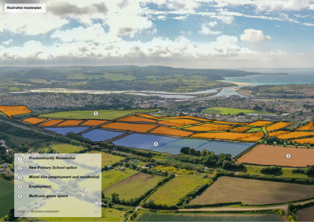 Image 27: Illustrative masterplan 1 Predominantly Residential 2 New Primary School option 3 Mixed Use (employment and residential) 4 Employment 5 Multi-use green space